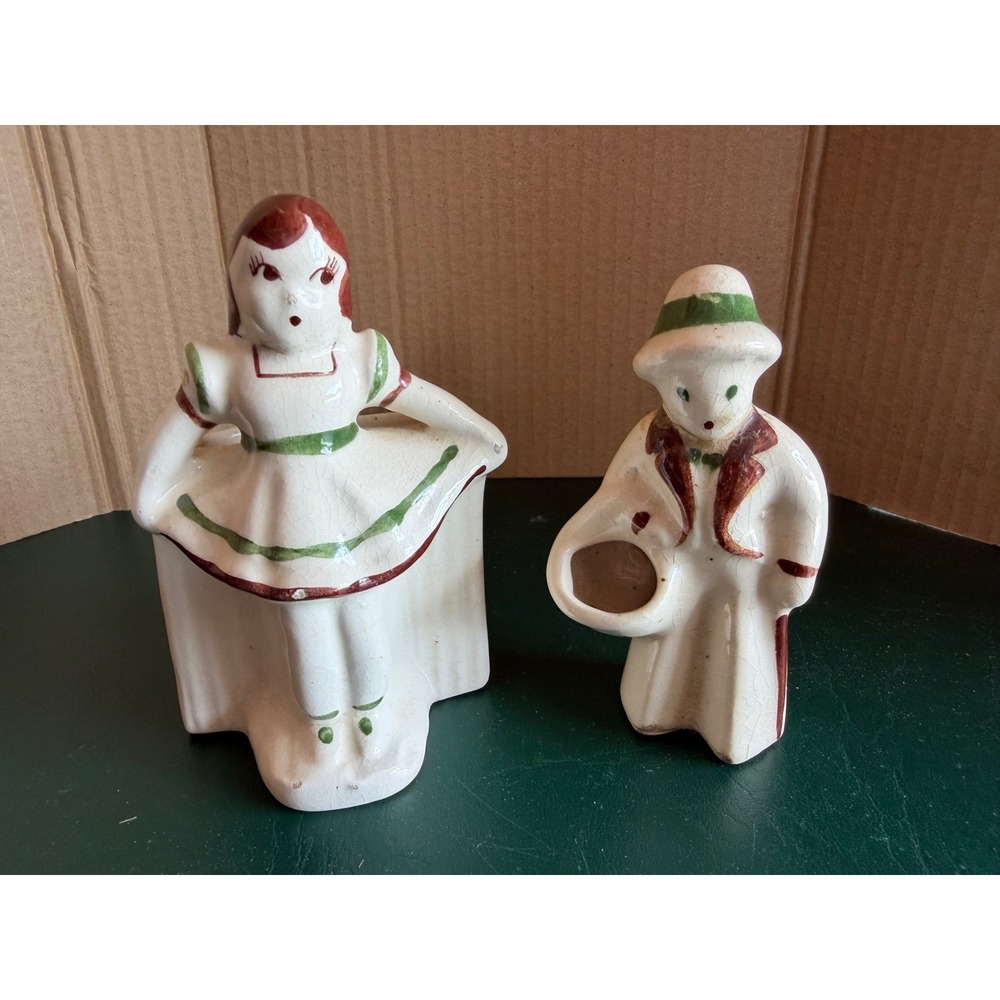 Vintage Ceramic Boy and Girl Figurine Planter Set Bud Vases HandPainted Folk Art